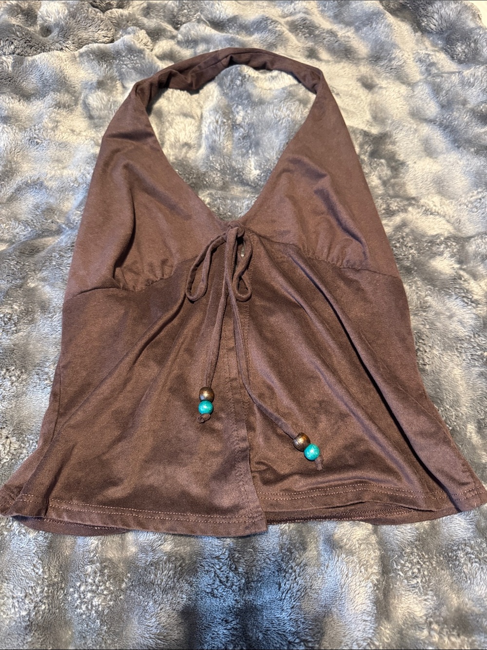 See You Monday Brown Halter Top with Turquoise Bead Accents